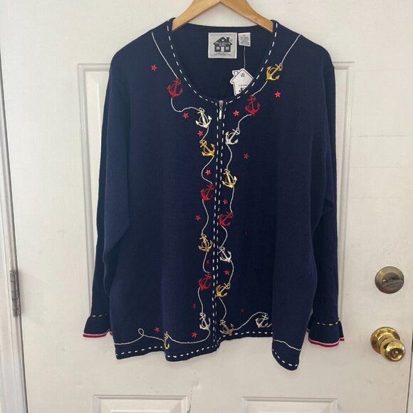 Storybook Knits Woman's Plus-Size Embroider Navy Anchor Nautical Sweater Sz 2x - Picture 2 of 9